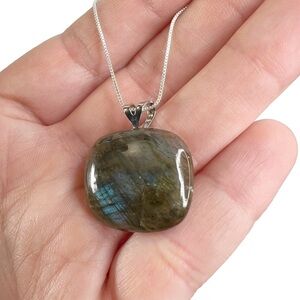 Green & Blue Square Glass Pendant Sterling Silver Box Chain Necklace